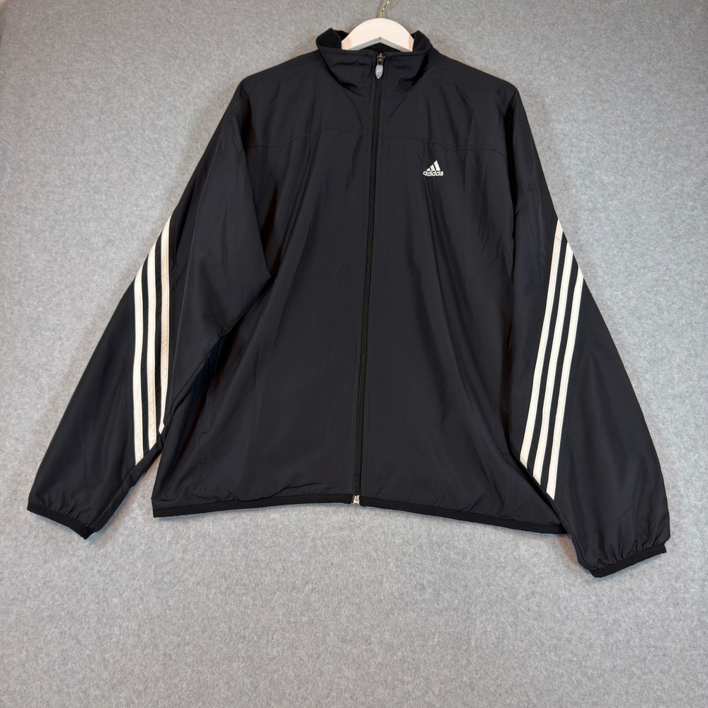 Adidas Windbreaker Jacket Mens L Black 3 Stripe Mesh Lined Full Zip Y2K Gorpcore